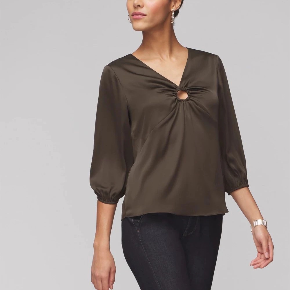 NWT new 12 WHBM White House 3/4 O ring satin blouse top Sargent olive green